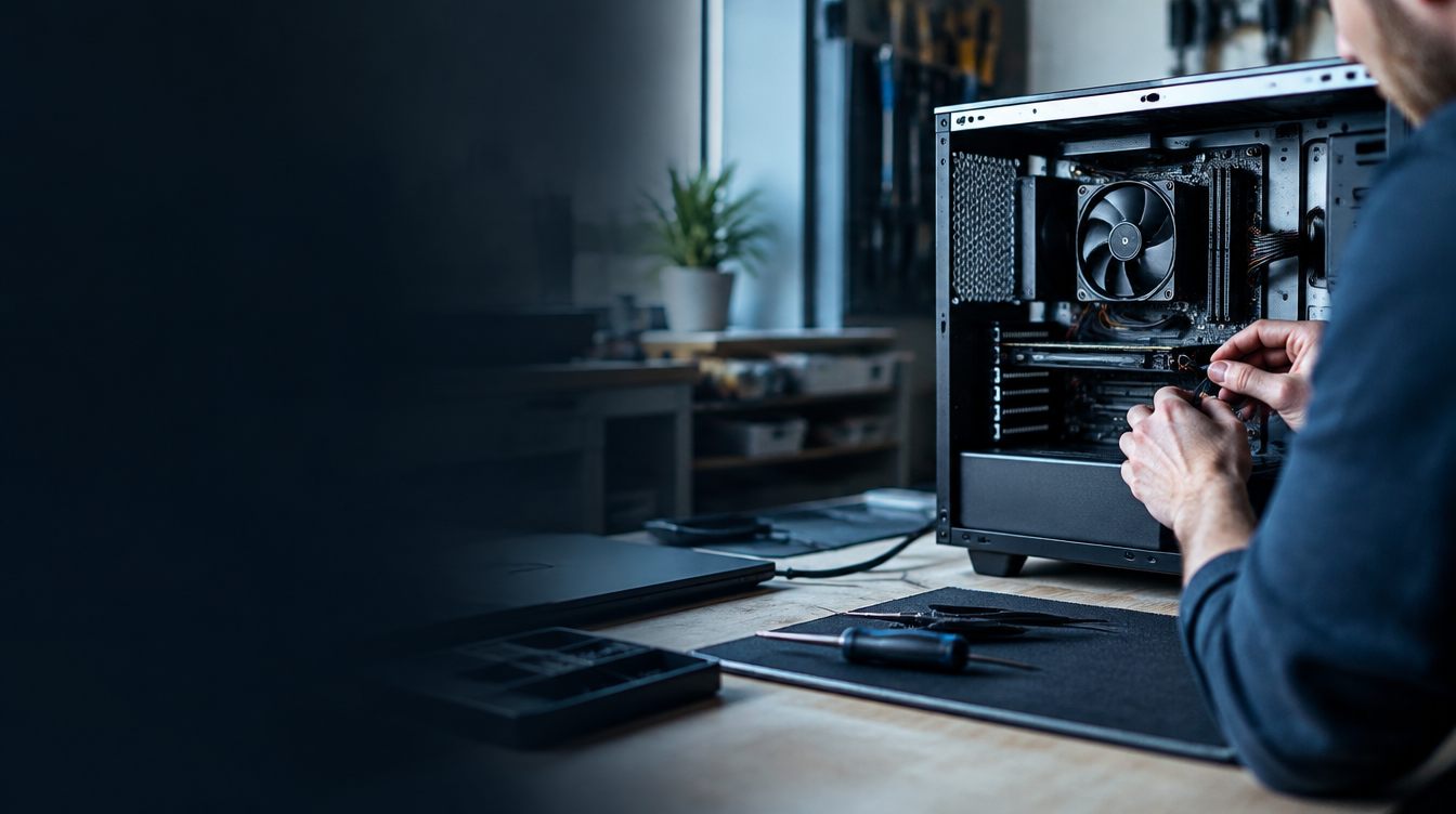 Technicus bij een open computer aan een werkbank