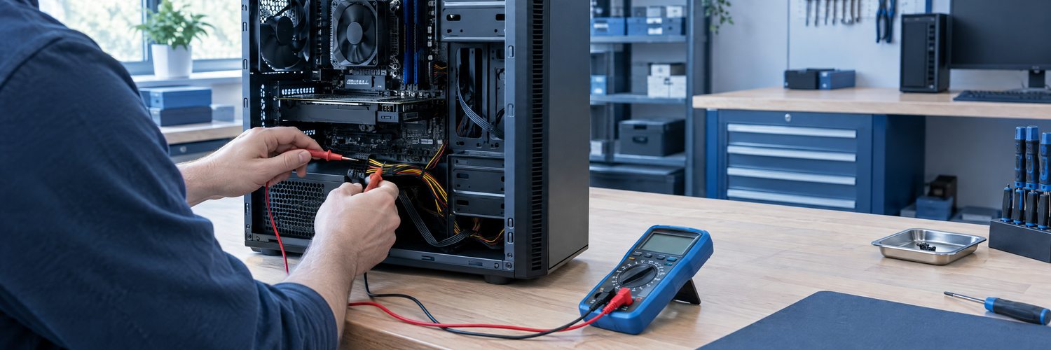Technicus controleert de voeding van een geopende desktopcomputer.