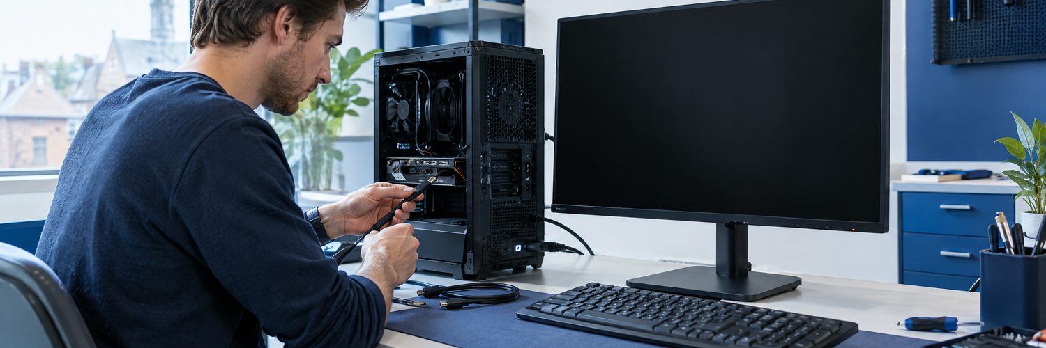 Technicus onderzoekt een computer met een zwart scherm.