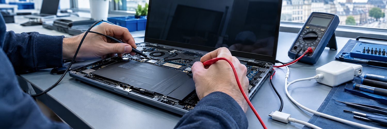 Meting aan het laadcircuit van een geopende laptop.