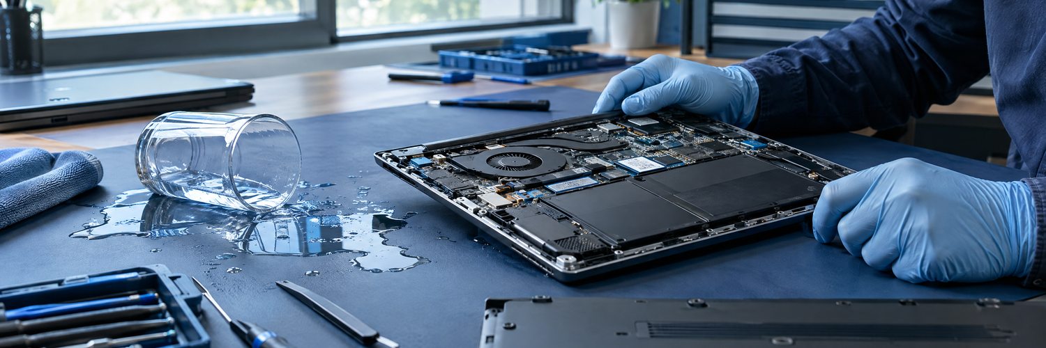Inspectie van een laptop na contact met water.