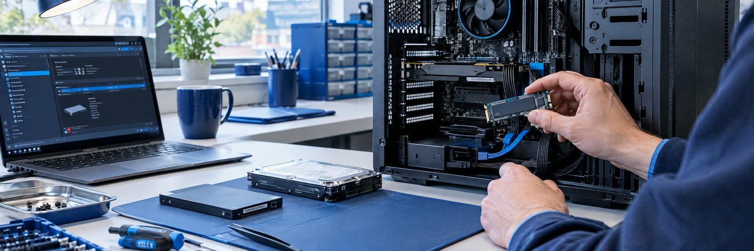 Technicus controleert een SSD en aansluitingen in een computer.