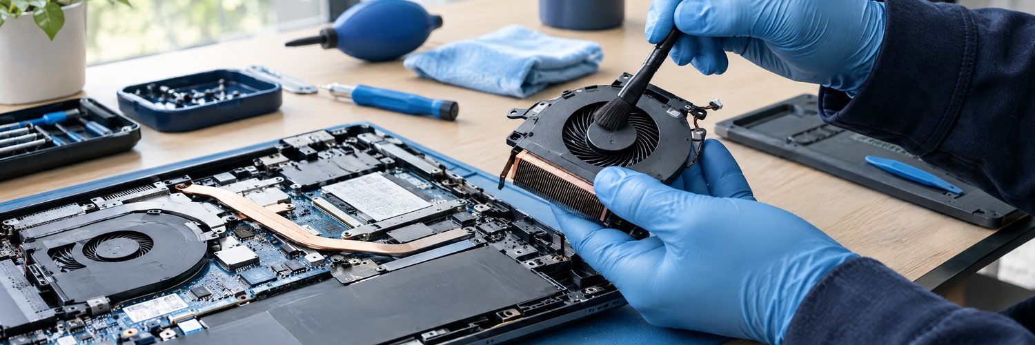 Technicus controleert de ventilator van een luidruchtige laptop.