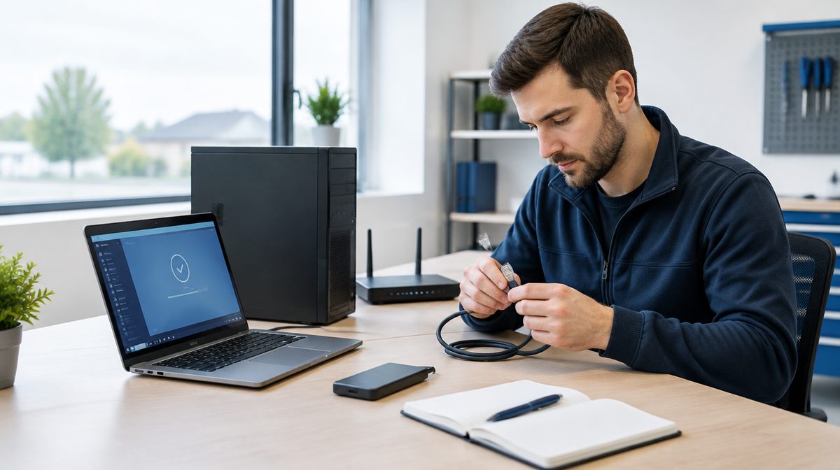Technicus onderzoekt computers en controleert een kabel in de werkplaats.