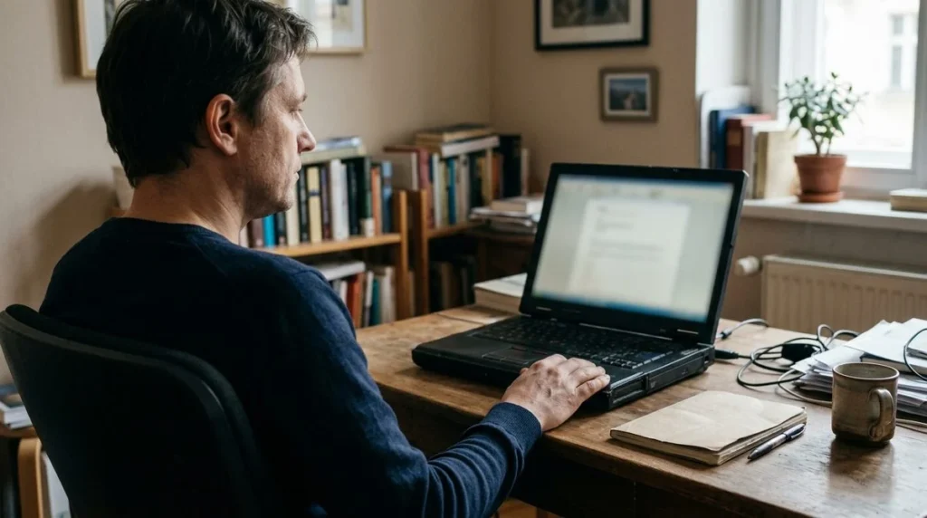 Een gebruiker wacht aan een thuisbureau tot de laptop reageert.