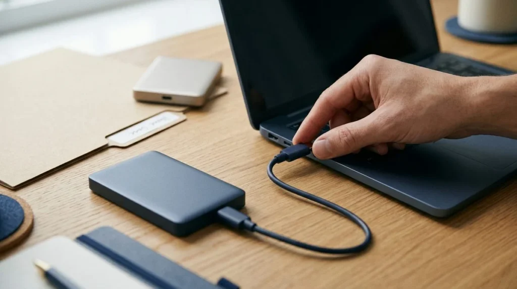 Een externe schijf wordt aangesloten op een laptop om bestanden te kopiëren.