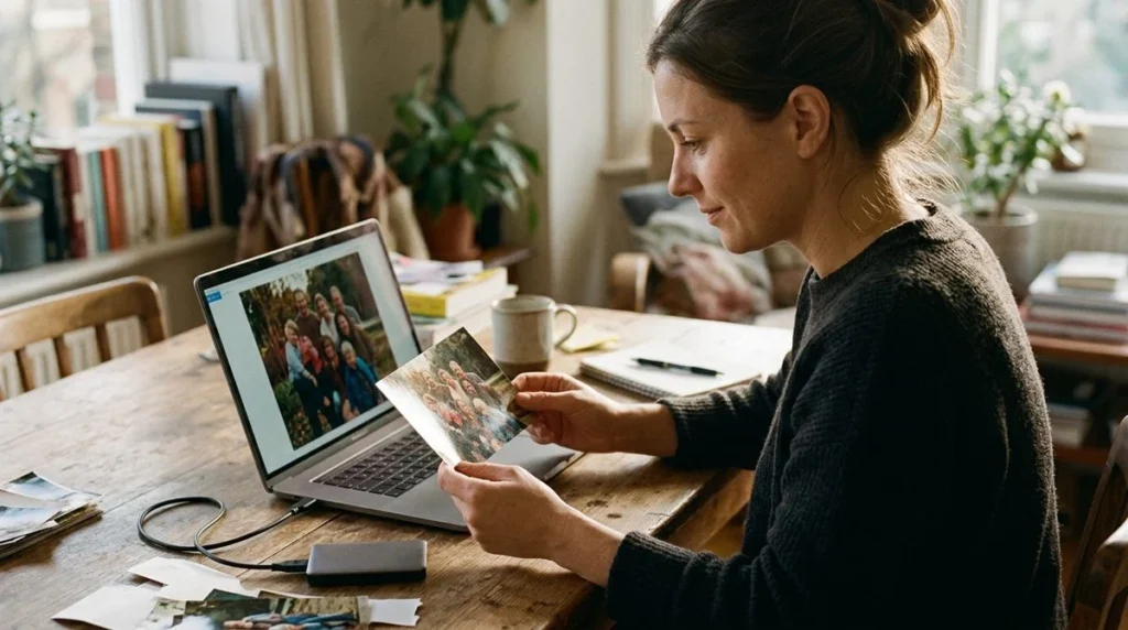 Een teruggezette foto wordt geopend op een laptop met aangesloten back-upschijf.