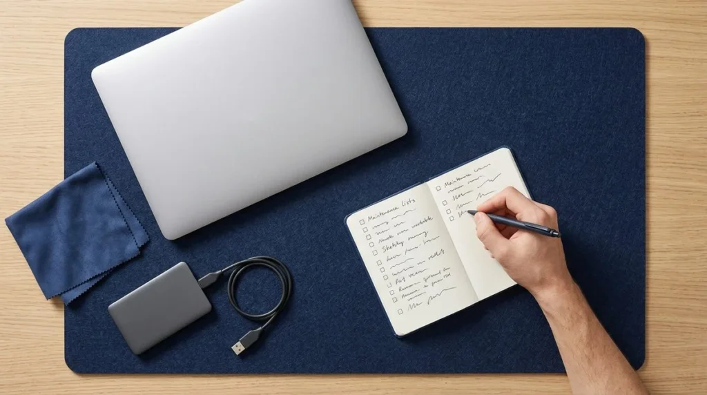 Een laptop met een notitieboek voor controles en onderhoudsaccessoires op het bureau.