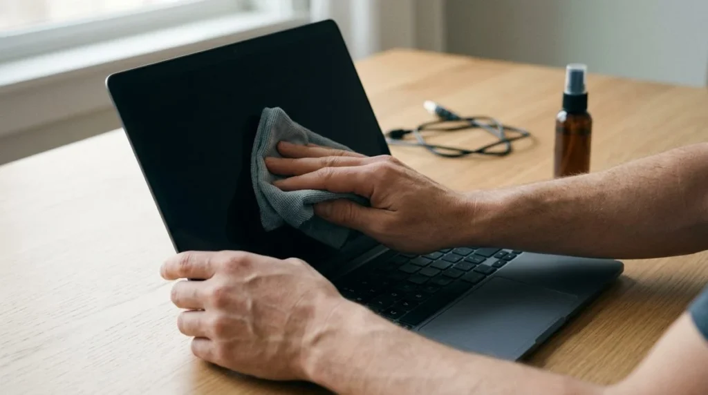 Een uitgeschakeld laptopscherm wordt voorzichtig gereinigd met een microvezeldoek.