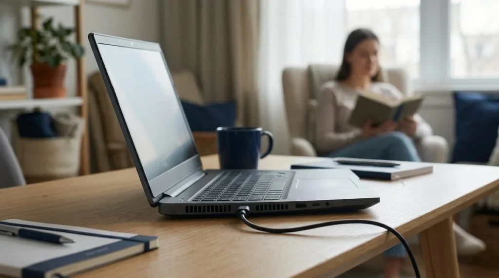 Een laptop werkt aan een opgeruimd bureau met de geschikte lader aangesloten.