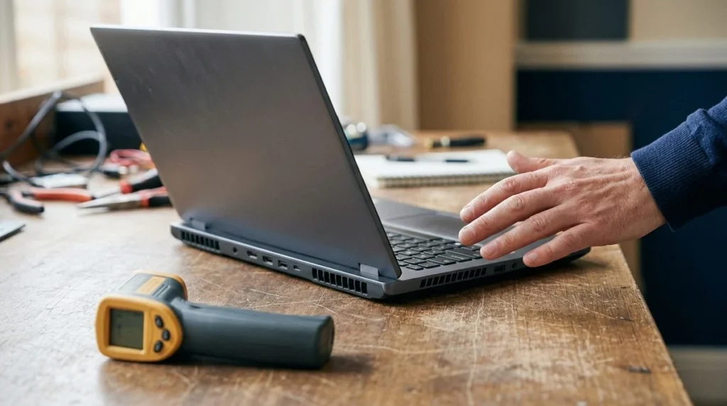 Een laptop staat op een vrij bureau terwijl temperatuur en gewone taken worden vergeleken.