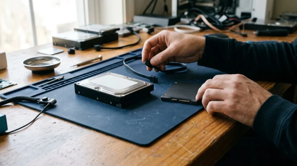 Een opslagschijf en computer worden onderzocht op terugkerende leesproblemen.