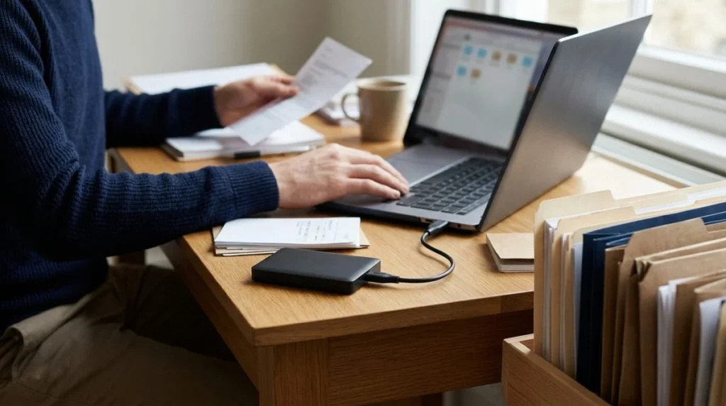 Een gebruiker bekijkt welke bestanden en toepassingen ruimte op de computer innemen.
