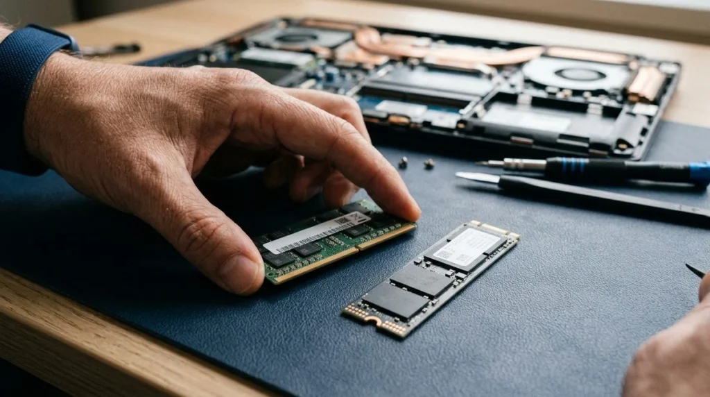 RAM-geheugen en een SSD liggen klaar om hun rol bij een computerupgrade te vergelijken.