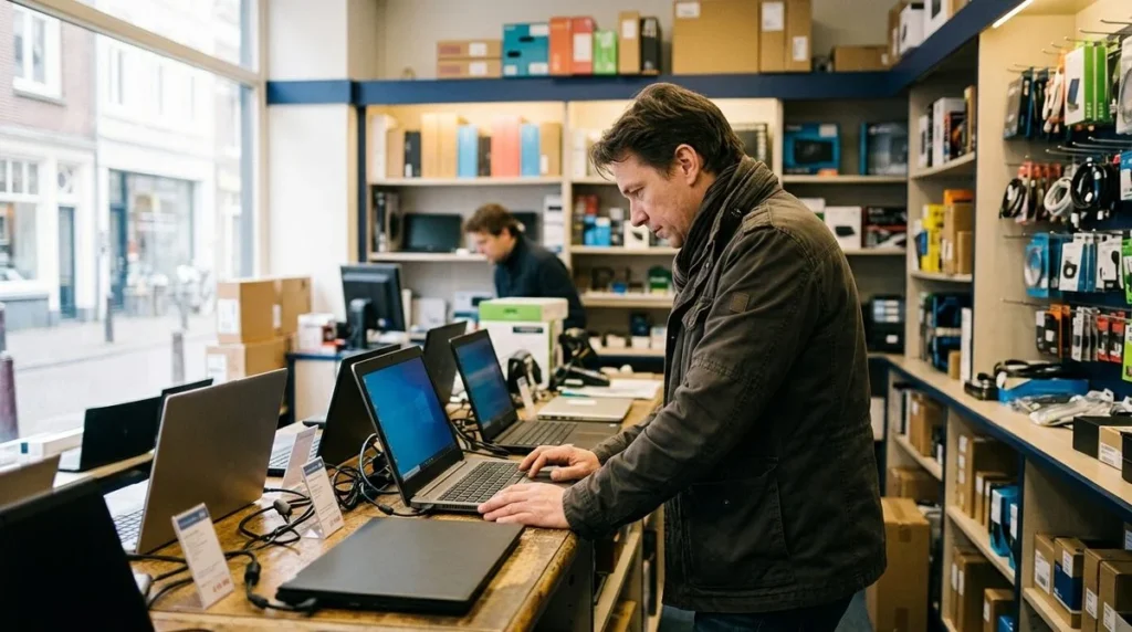 Een gebruiker probeert het toetsenbord en de werkhouding van een laptop.
