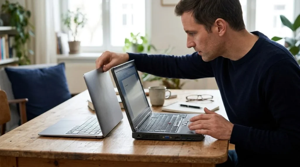 Een nieuwe en een eerder zakelijk gebruikte laptop worden naast elkaar bekeken.