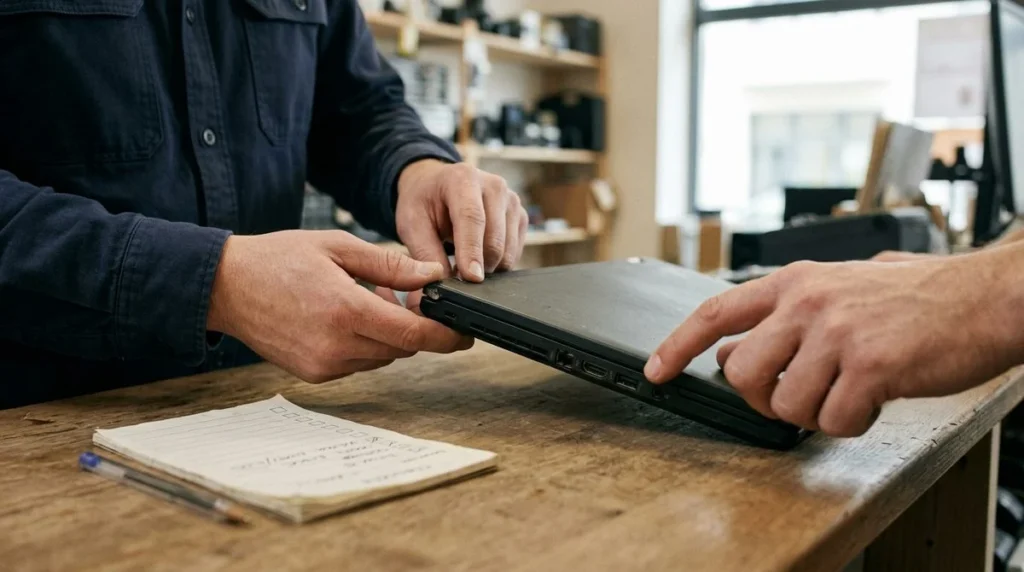 Inspectie van aansluitingen en scharnieren van een tweedehands laptop voor aankoop.