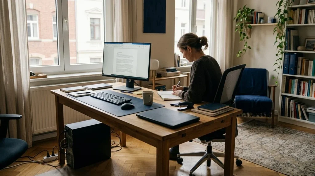 Een thuisbureau met een laptop en een computeropstelling met los beeldscherm.