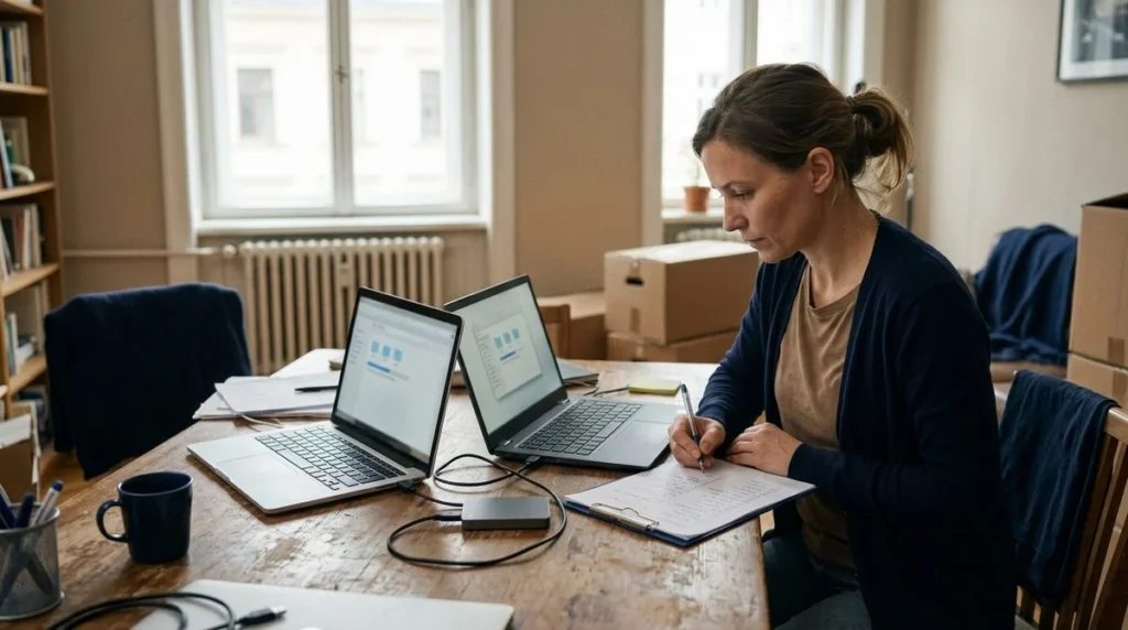 Een oude en nieuwe laptop staan naast elkaar tijdens het overzetten van gegevens.