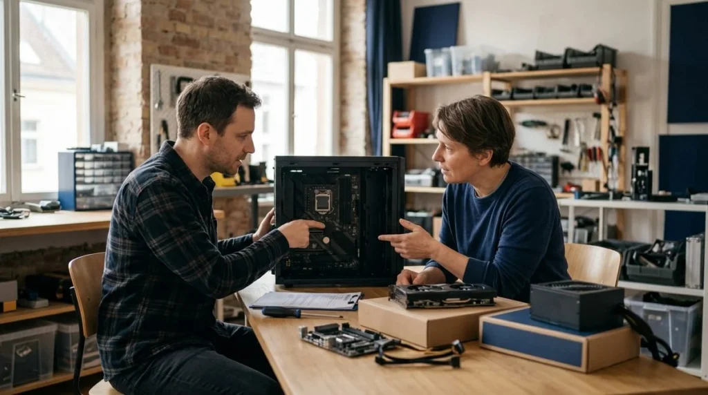 Voorbereiding van een computer op maat met toepassingen, budget en bestaande accessoires genoteerd.