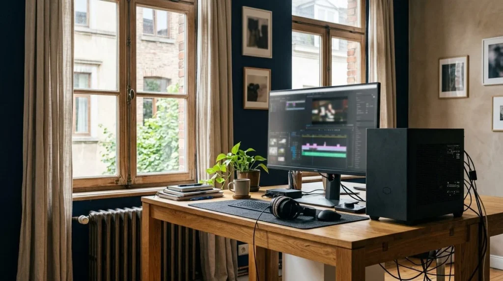 Een computerwerkplek waar game-, kantoor- en videotoepassingen worden vergeleken.