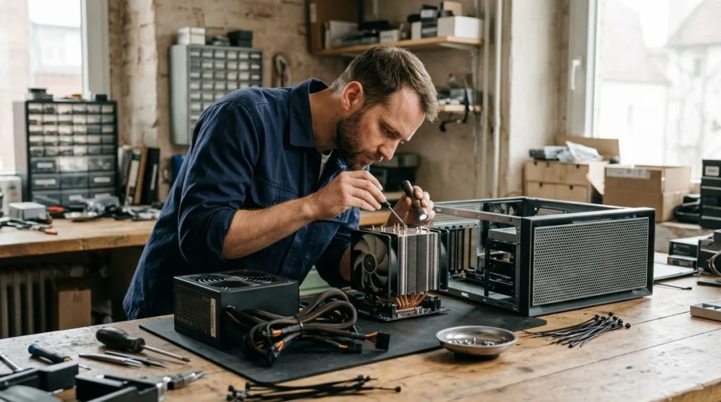 Basiscomponenten van een computer worden gecontroleerd voor de montage.