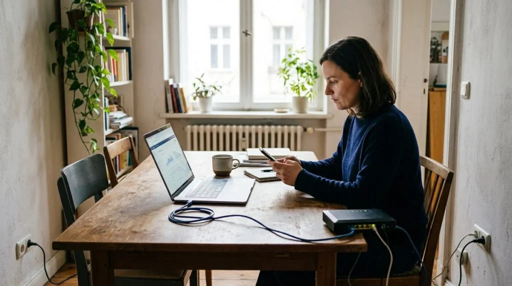 Een computer via kabel, wifi bij de router en een tweede toestel worden vergeleken.