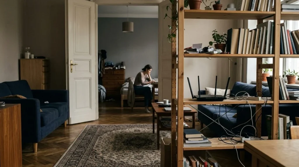 Een laptop wordt in een kamer verder van de router gebruikt om wifi te vergelijken.
