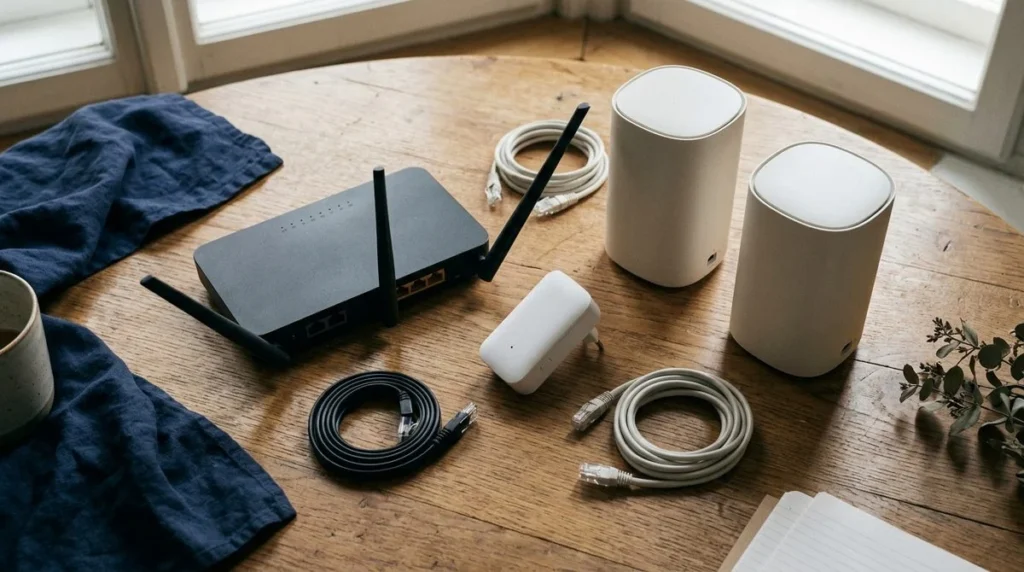 Netwerkapparatuur wordt vergeleken voor wifi in verschillende delen van een woning.