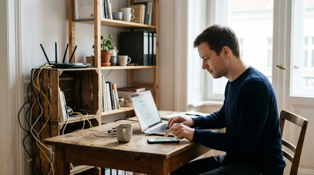 Een gebruiker controleert de beveiligingsinstellingen van een thuisrouter.