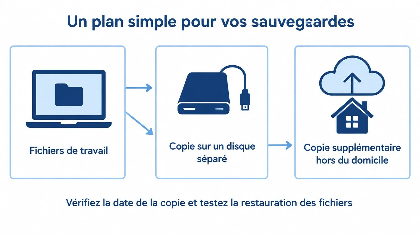 Trois emplacements pour vos données : fichiers de travail, copie sur un disque séparé et copie conservée ailleurs. Vérifiez aussi la restauration.
