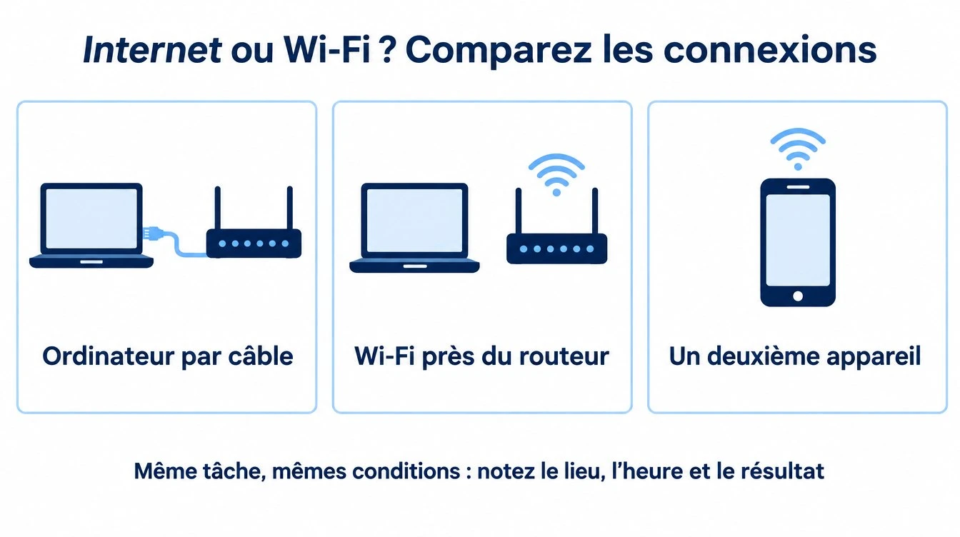 Trois essais à comparer : un ordinateur relié par câble, le Wi-Fi près du routeur et un second appareil.