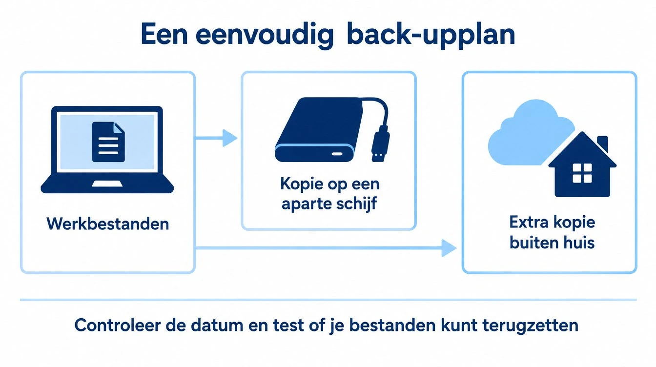 Drie plaatsen voor je bestanden: de werkbestanden, een kopie op een aparte schijf en een kopie op een andere locatie. Test ook het terugzetten.