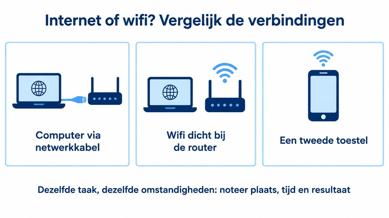 Vergelijk drie tests: een computer via netwerkkabel, wifi dicht bij de router en een tweede apparaat.